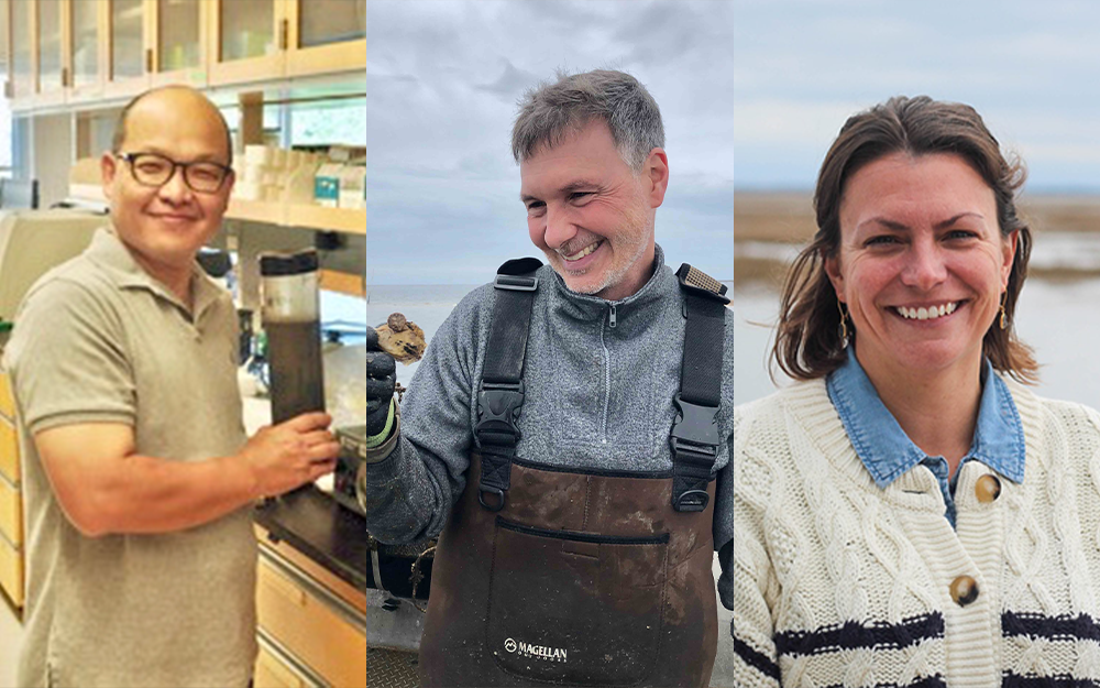 The largest award of the year went to the multidisciplinary team of BK Song (left), William Walton (center), Andrew Scheld (not pictured) and Stacy Krueger-Hadfield (right) for an innovative approach to sustainable aquaculture.