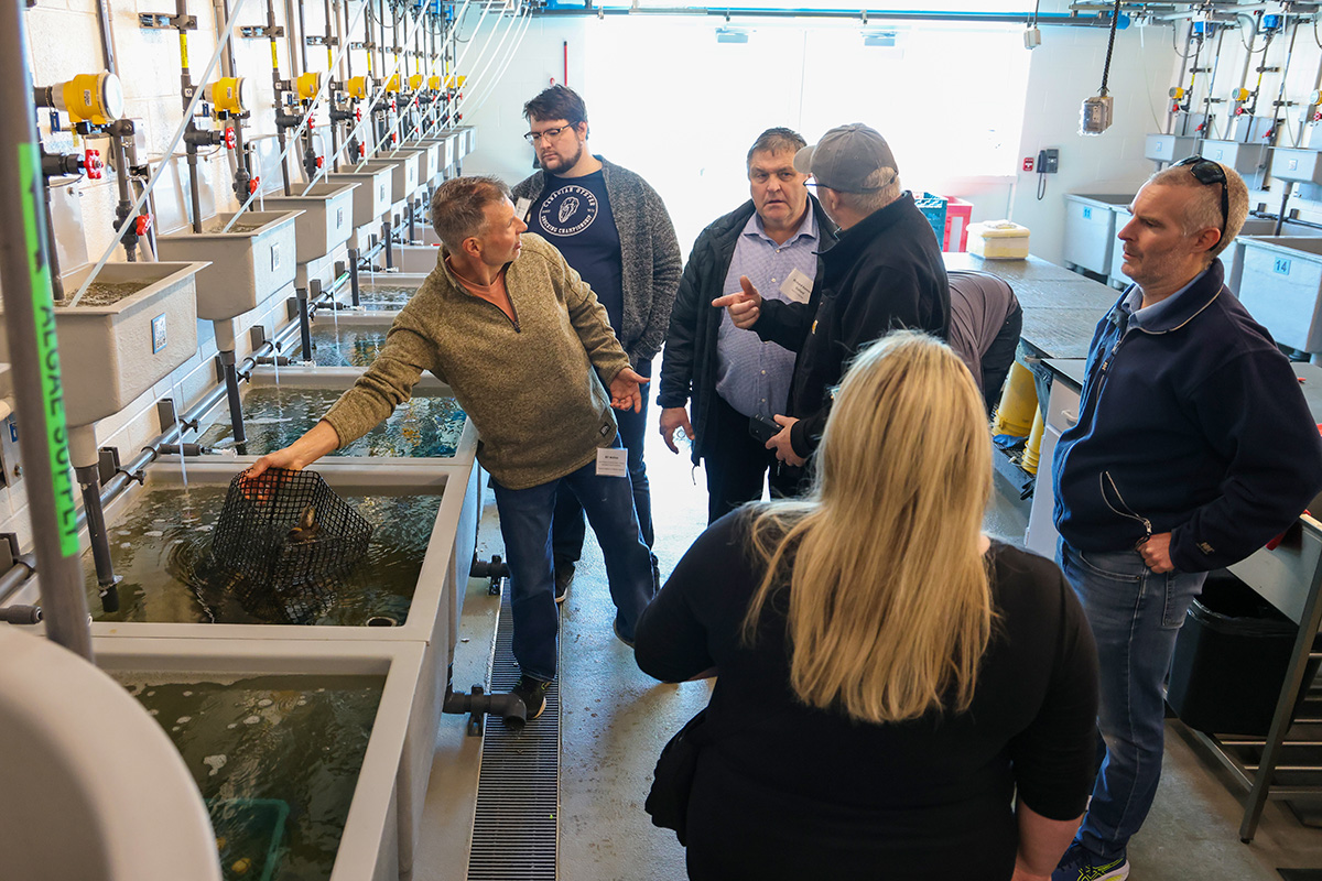 Participants were particularly interested in touring the Acuff Center for Aquaculture to learn about breeding disease-resistant broodstock for oyster hatcheries. Photo by John Wallace