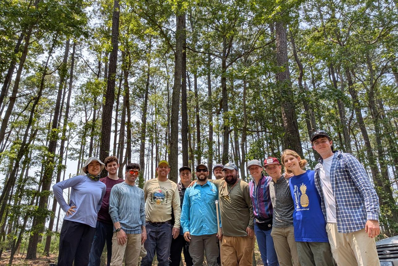 A group of researchers in field gear in a pine forest.