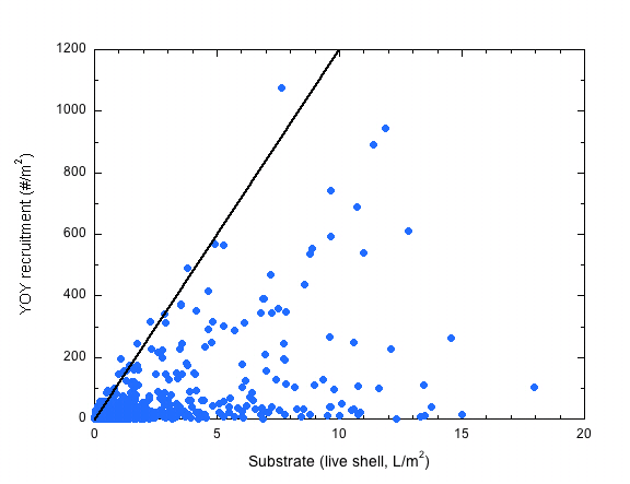 Total live shell substrate (L/m2) versus YOY recruitment (#/m2) inclusive of all years and regions.