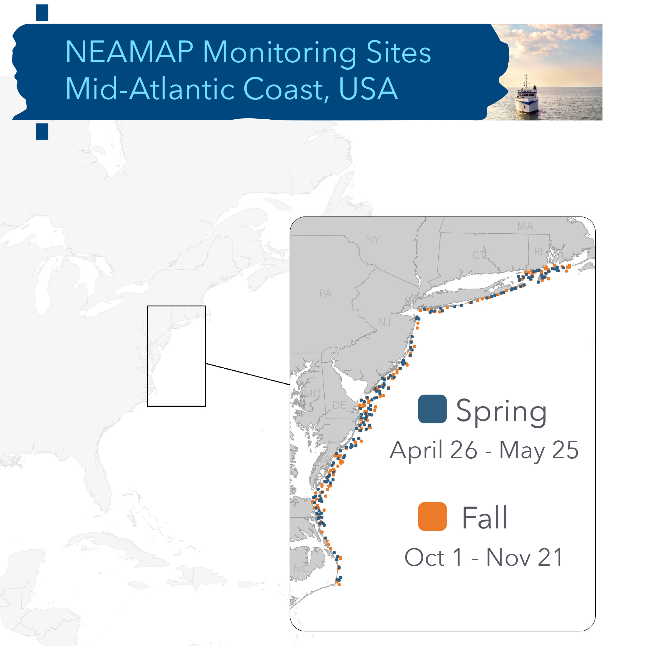 NEAMAP monitoring sites, Mid-Atlantic coast, USA, station locations for Spring and Fall cruises